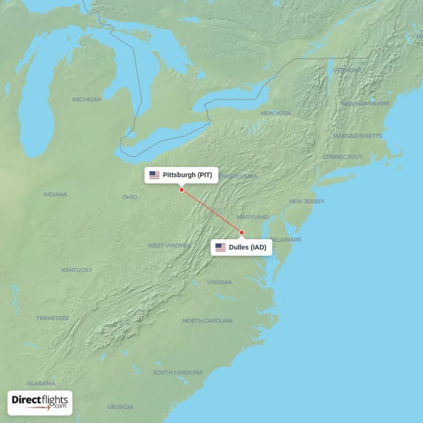 Dulles - Pittsburgh direct flight map