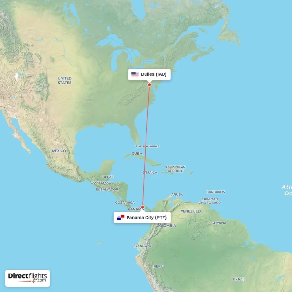Dulles - Panama City direct flight map