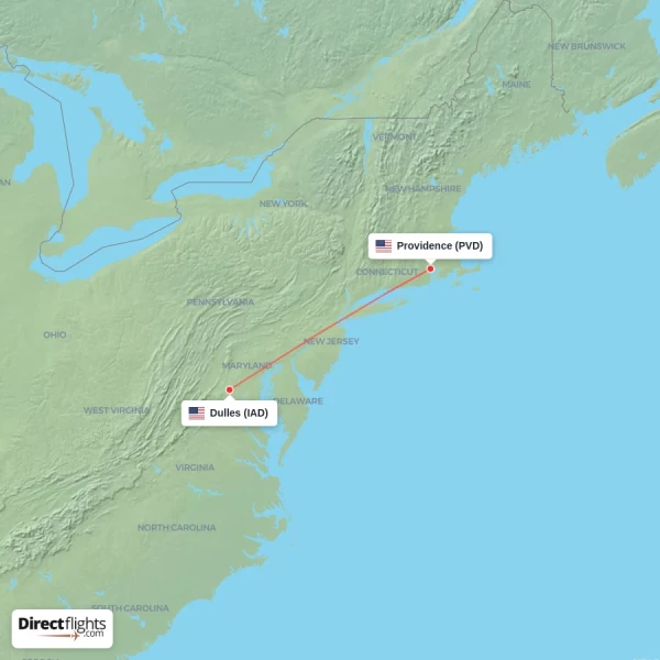 Dulles - Providence direct flight map