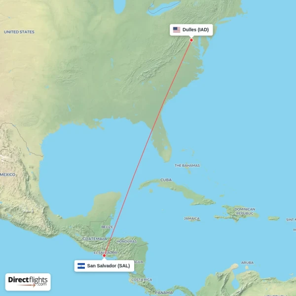 Dulles - San Salvador direct flight map