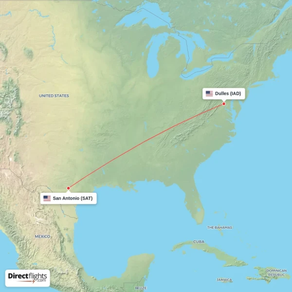 Dulles - San Antonio direct flight map