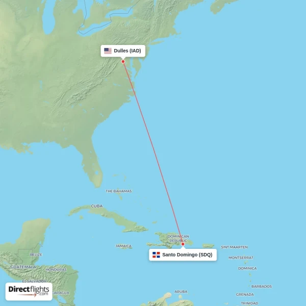 Dulles - Santo Domingo direct flight map