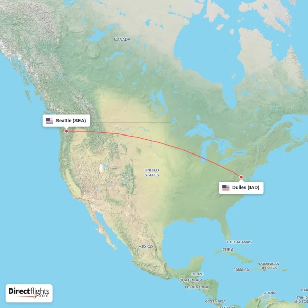 Dulles - Seattle direct flight map