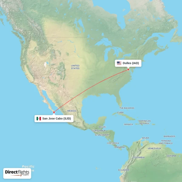 Dulles - San Jose Cabo direct flight map