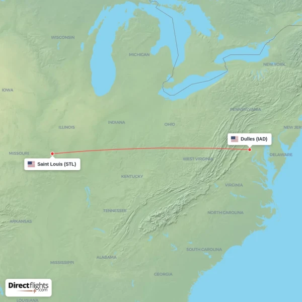 Dulles - Saint Louis direct flight map