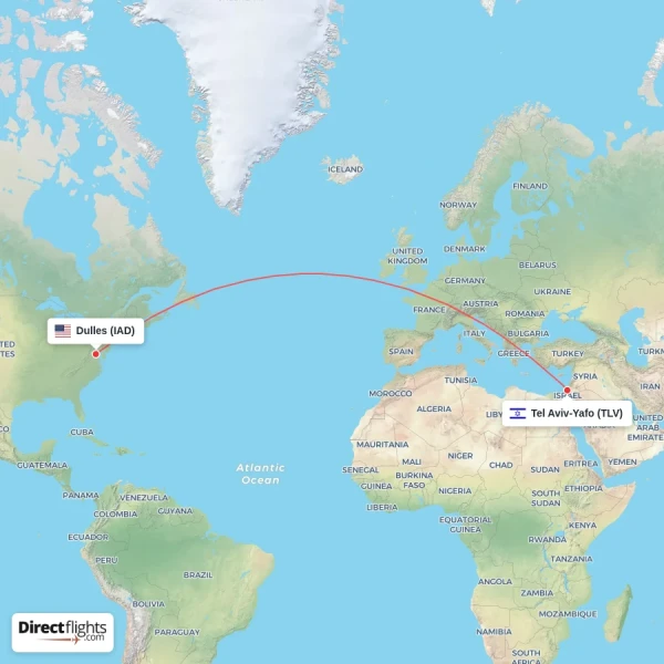 Dulles - Tel Aviv-Yafo direct flight map