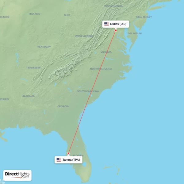 Dulles - Tampa direct flight map