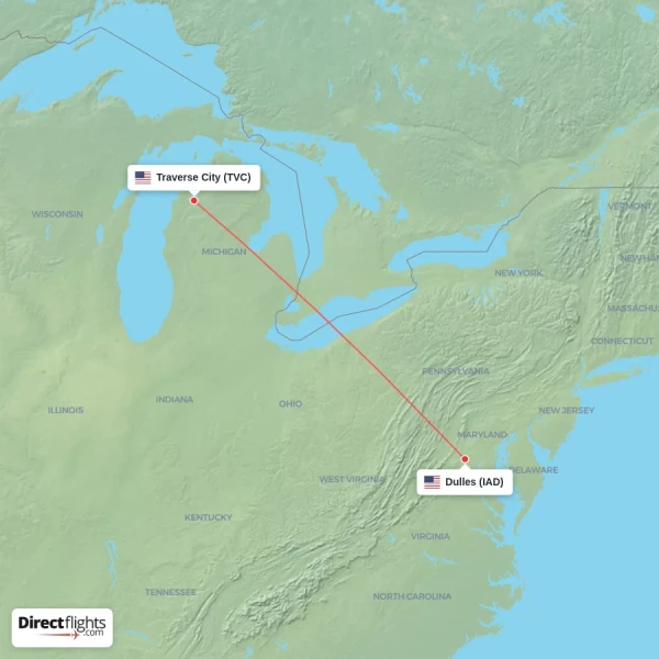 Dulles - Traverse City direct flight map