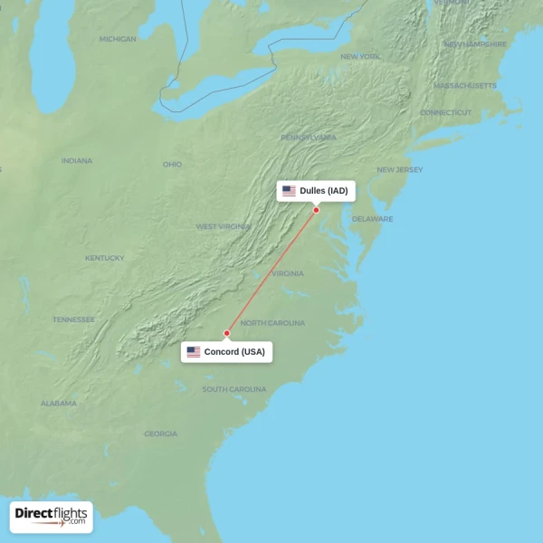 Dulles - Concord direct flight map