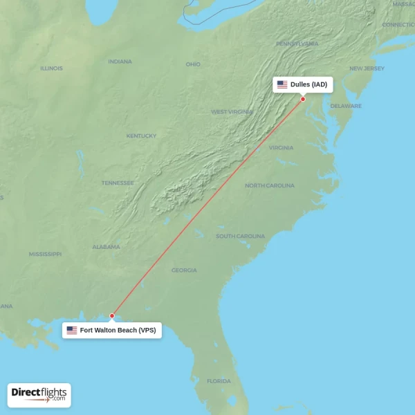 Dulles - Fort Walton Beach direct flight map