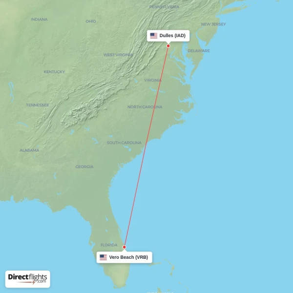 Dulles - Vero Beach direct flight map