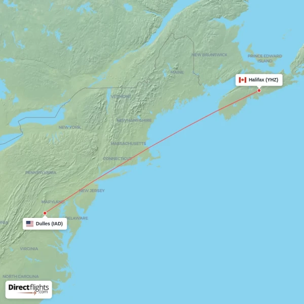 Dulles - Halifax direct flight map