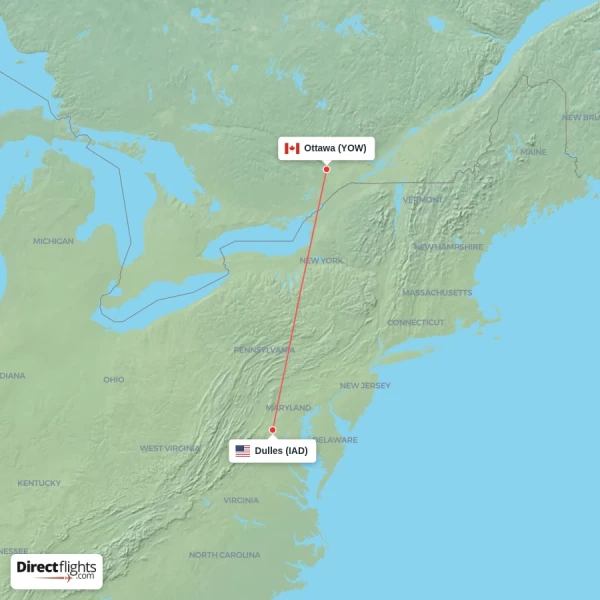 Dulles - Ottawa direct flight map
