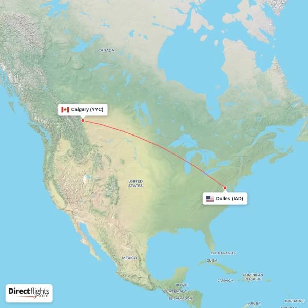Dulles - Calgary direct flight map