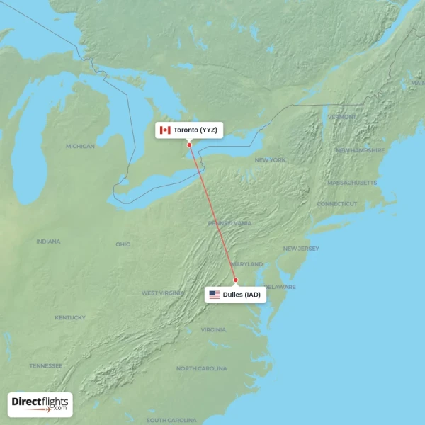 Dulles - Toronto direct flight map