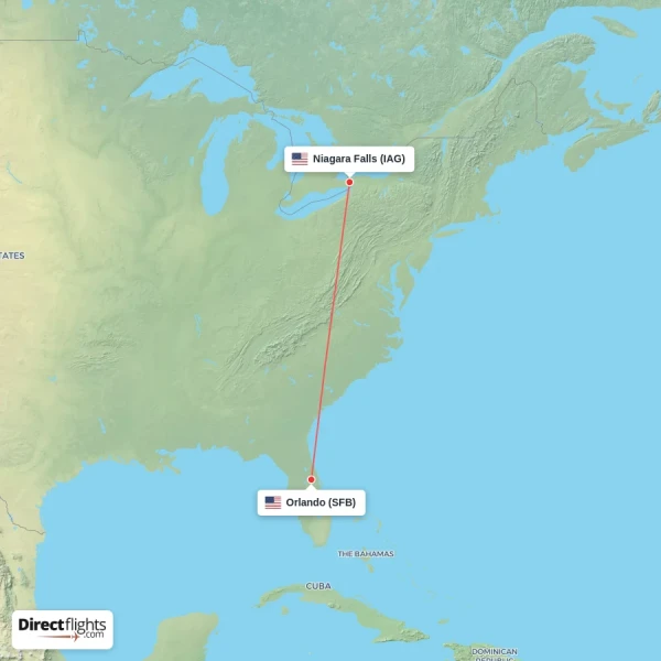 Niagara Falls - Orlando direct flight map