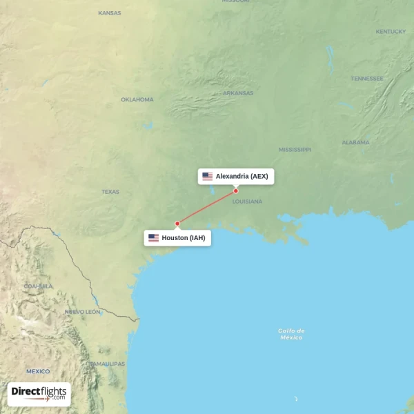 Houston - Alexandria direct flight map