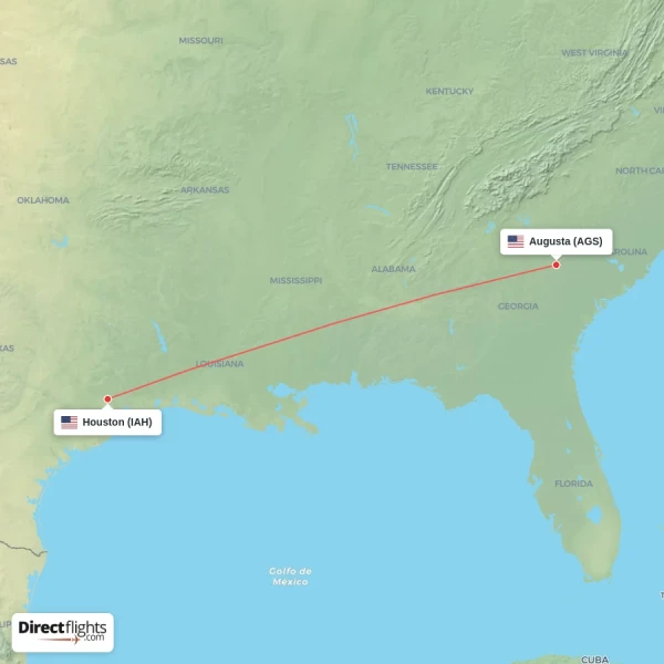 Houston - Augusta direct flight map