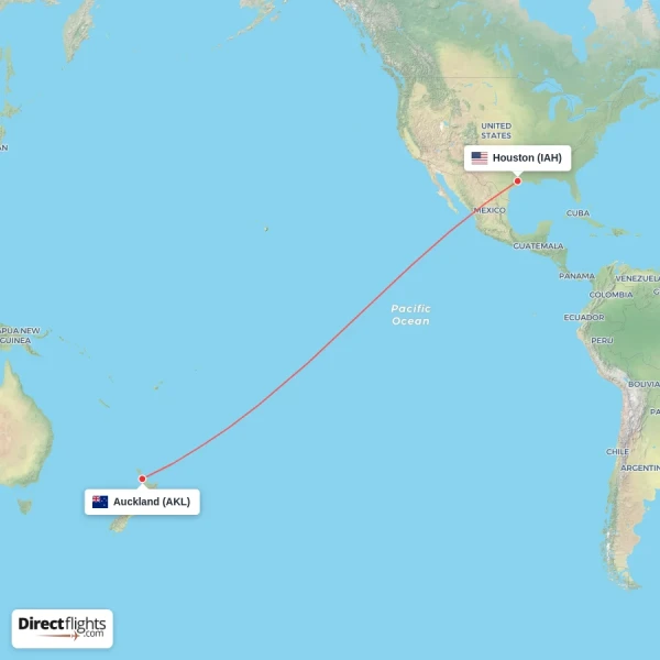 Houston - Auckland direct flight map