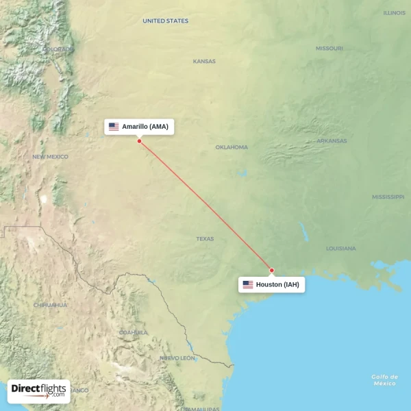 Houston - Amarillo direct flight map