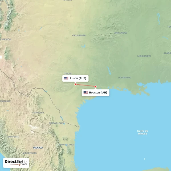 Houston - Austin direct flight map