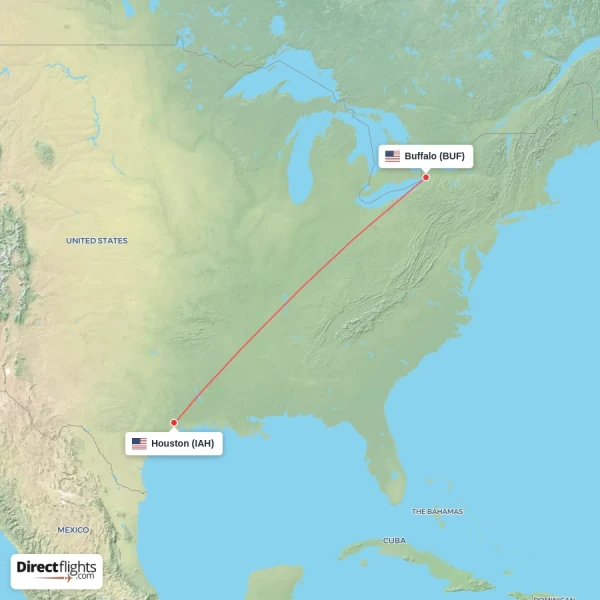 Houston - Buffalo direct flight map