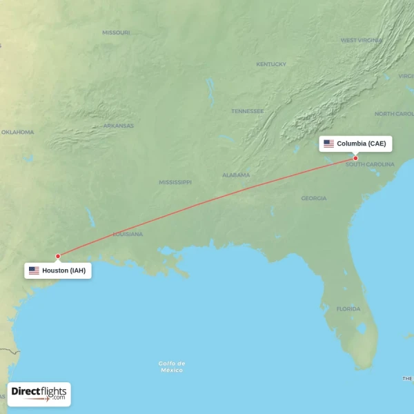 Houston - Columbia direct flight map