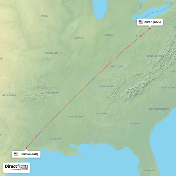 Houston - Akron direct flight map