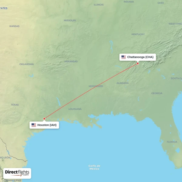 Houston - Chattanooga direct flight map