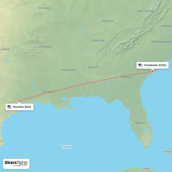 Houston - Charleston direct flight map