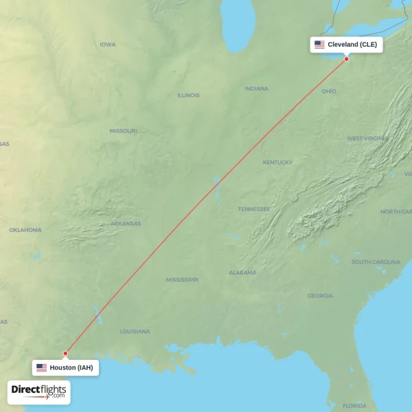 Houston - Cleveland direct flight map