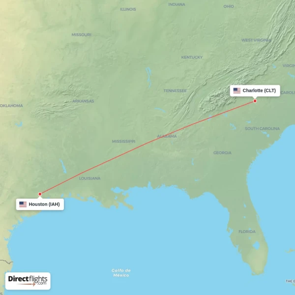 Houston - Charlotte direct flight map