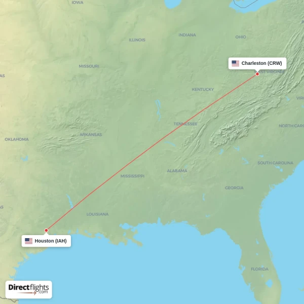 Houston - Charleston direct flight map