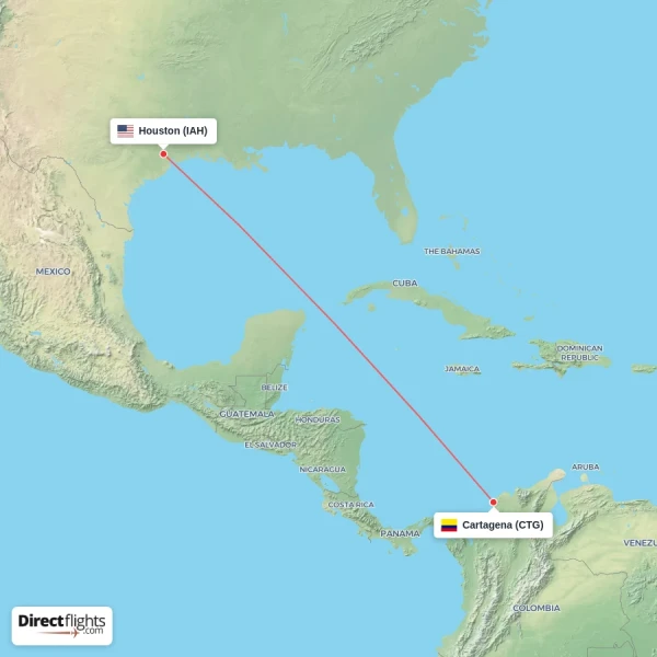 Houston - Cartagena direct flight map