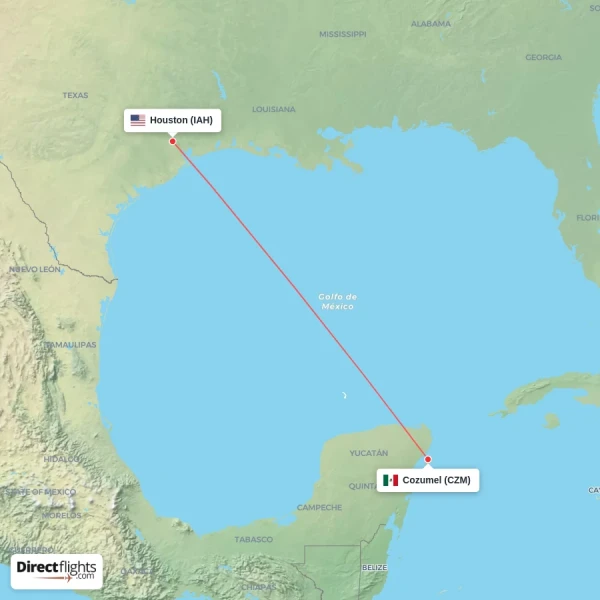 Houston - Cozumel direct flight map