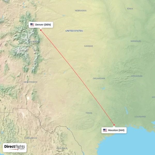 Houston - Denver direct flight map