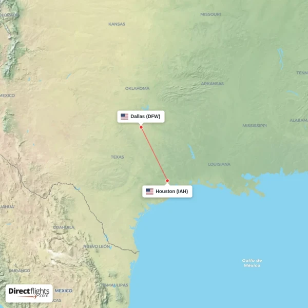 Houston - Dallas direct flight map