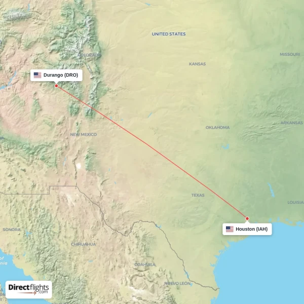 Houston - Durango direct flight map