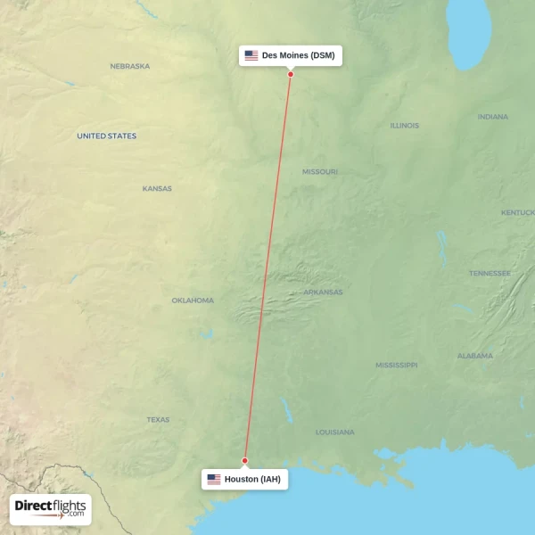 Houston - Des Moines direct flight map