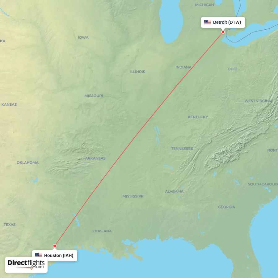 IAH - DTW route map