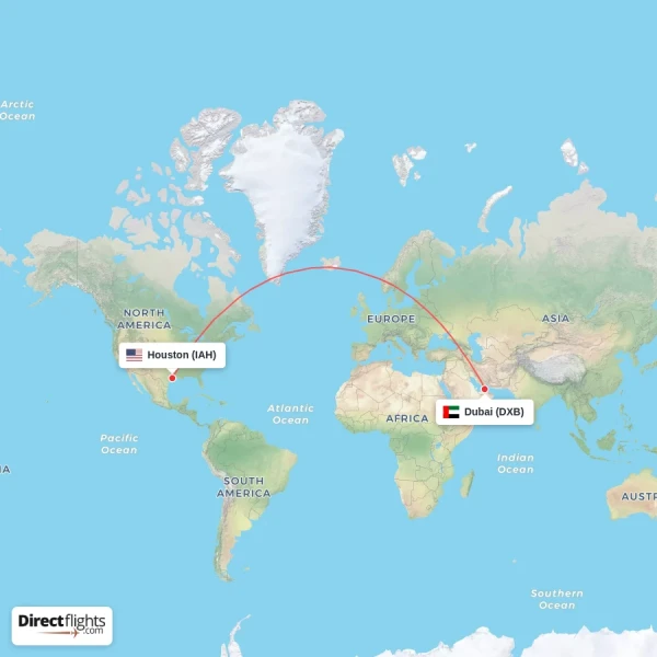 Houston - Dubai direct flight map