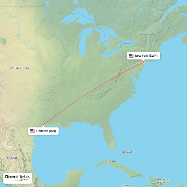 Houston - New York direct flight map