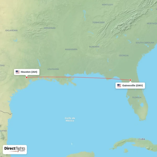 Houston - Gainesville direct flight map