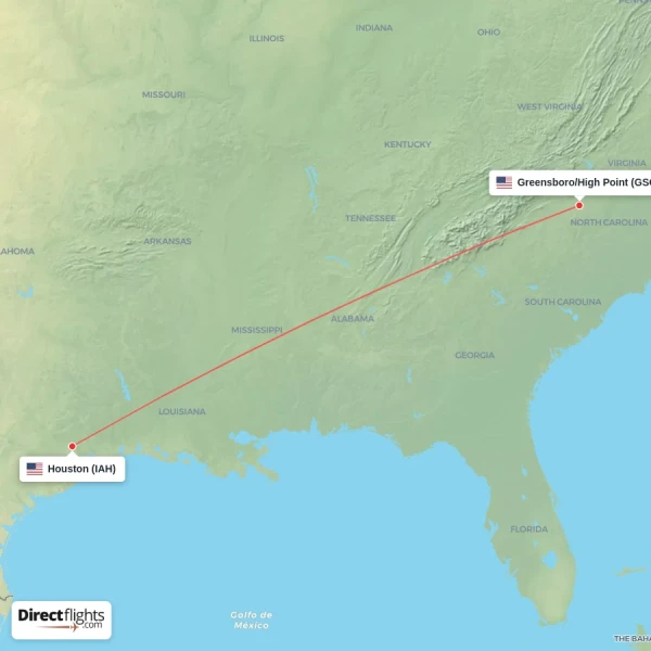 Houston - Greensboro/High Point direct flight map
