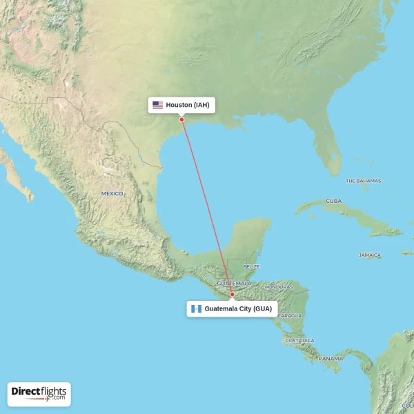 Houston - Guatemala City direct flight map
