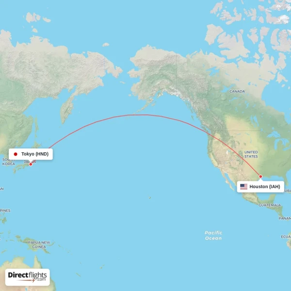 Houston - Tokyo direct flight map