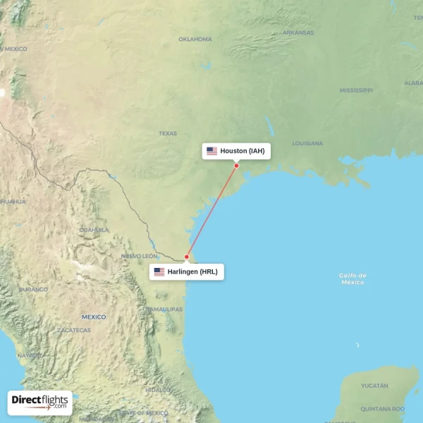Houston - Harlingen direct flight map