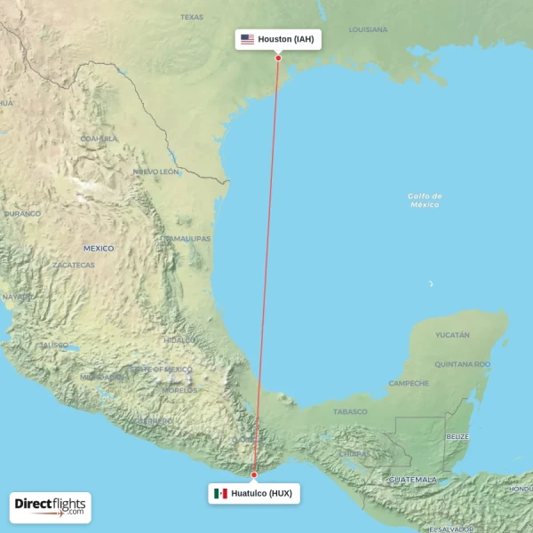 Houston - Huatulco direct flight map