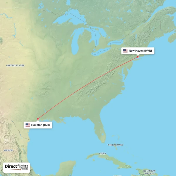 Houston - New Haven direct flight map