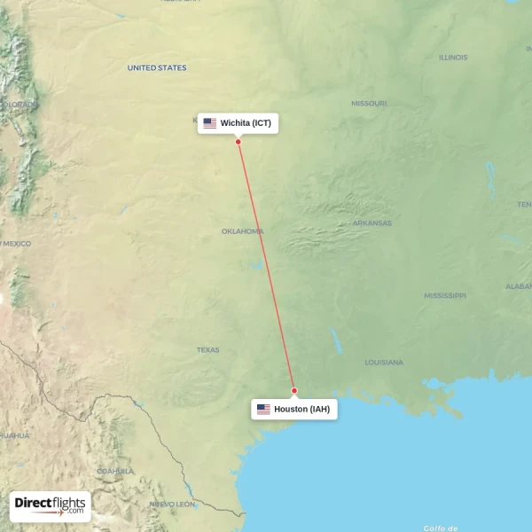 Houston - Wichita direct flight map